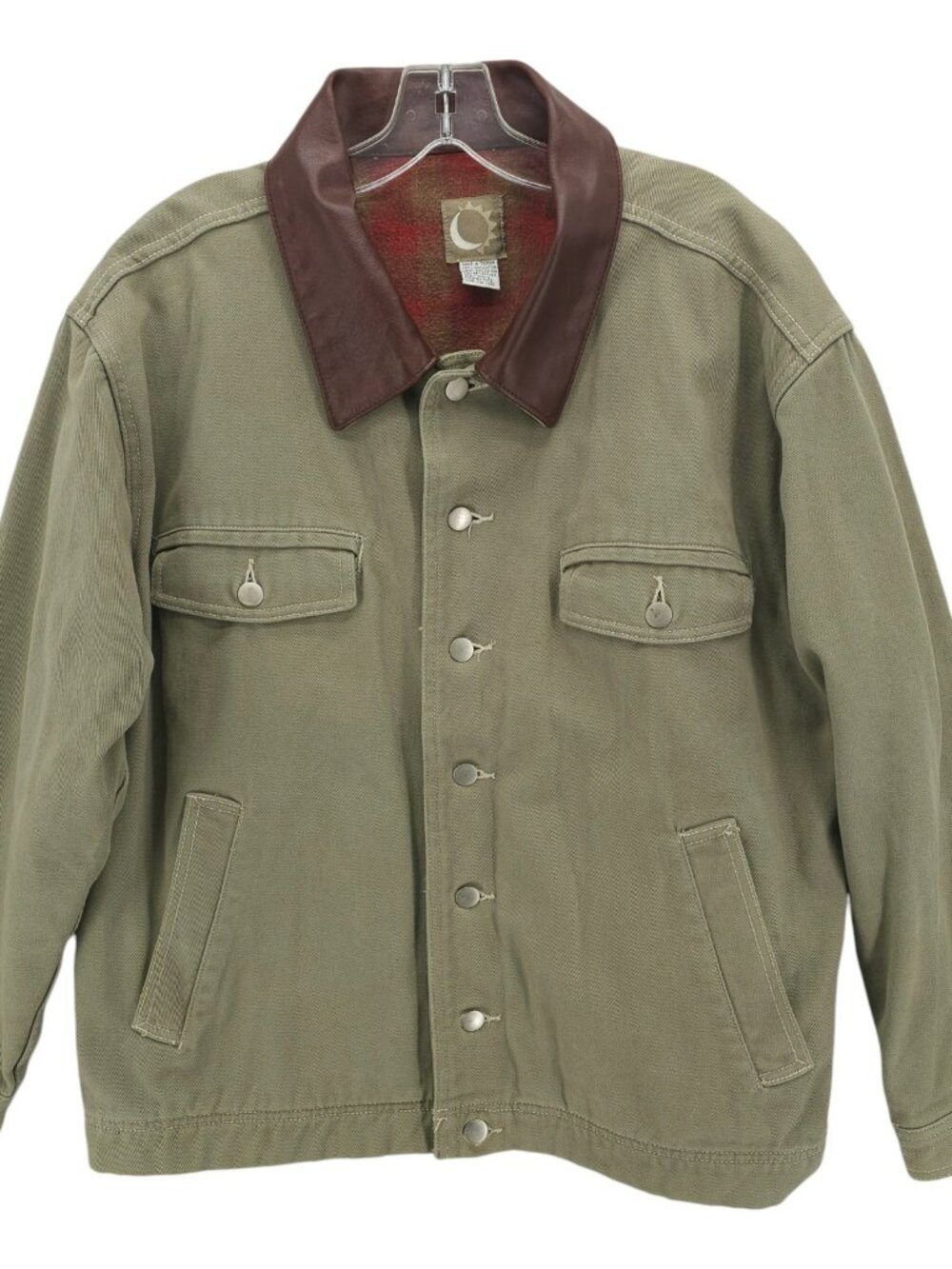 MARLBORO Vintage Twill Jacket Leather Collar Plaid Lining Chore Rancher LARGE